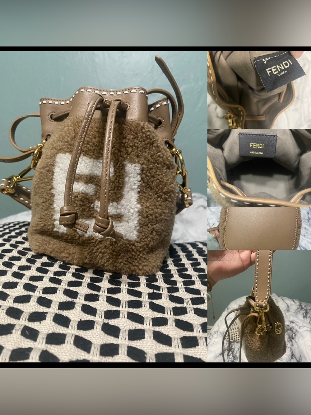 Fendi Brown Shearling Mini Bucket Bag with White FF Motif